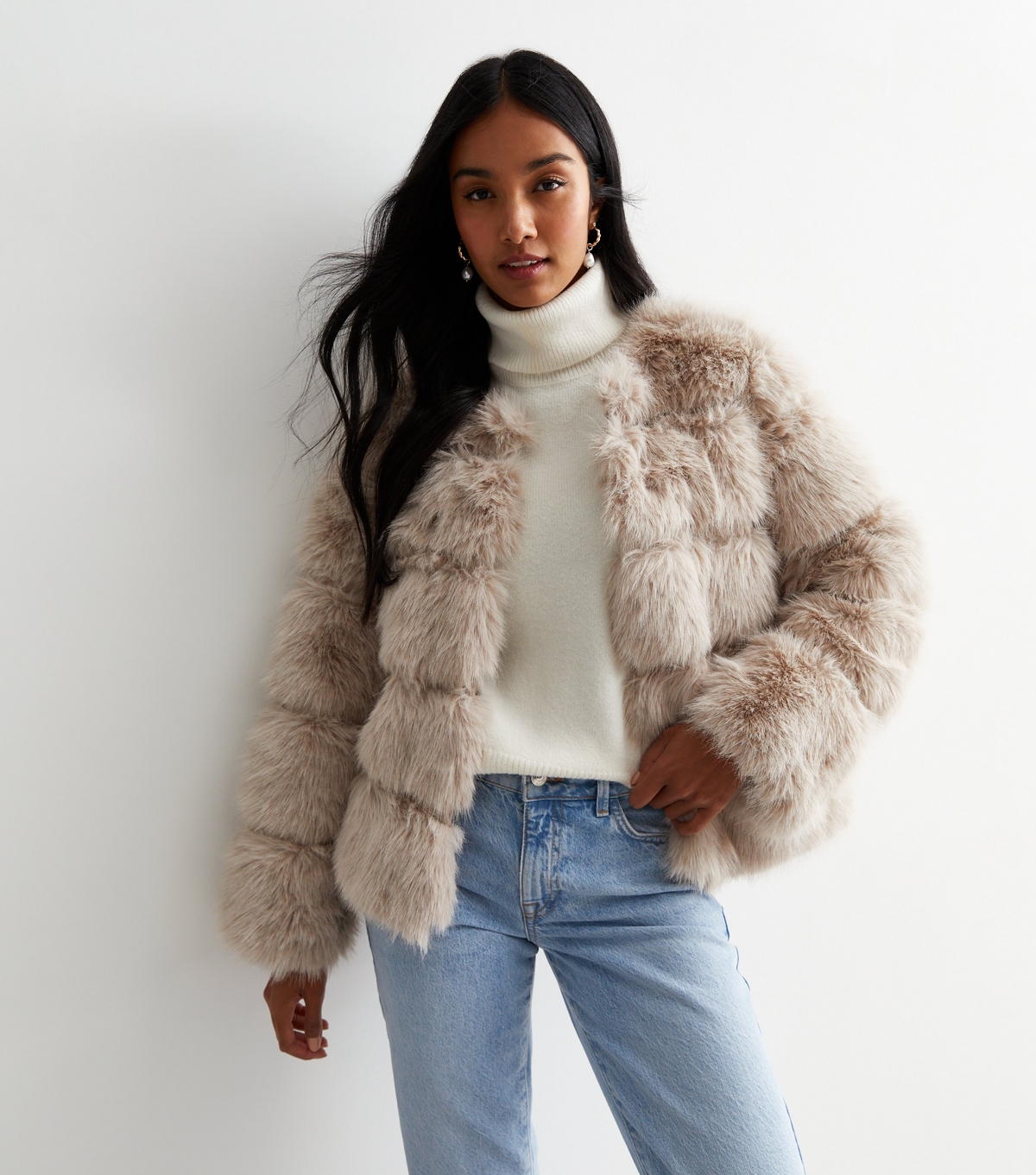 Women's Stone Faux Fur Jacket Gini London New Look