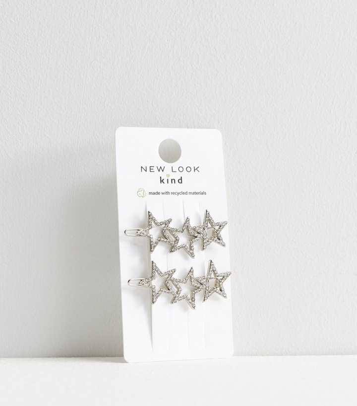 2 Pack Silver Diamanté Star Hair Slides