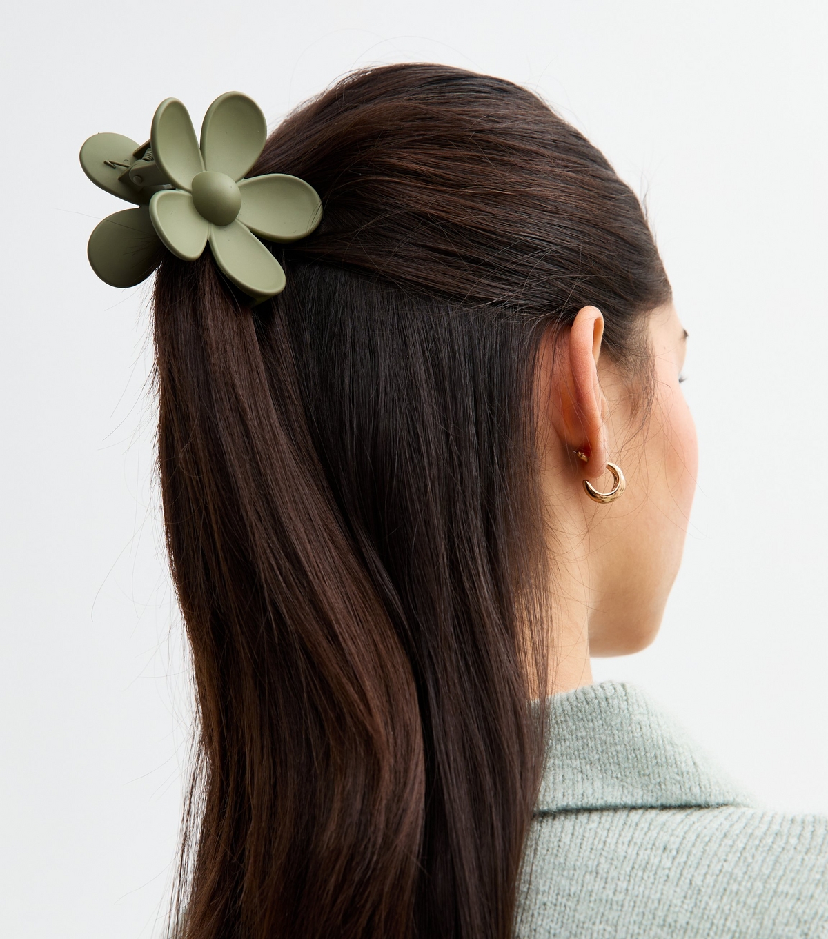 Khaki Green Large Matte Flower Hair Claw Clip New Look