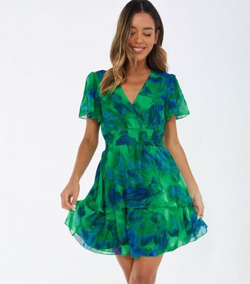 Quiz Green Tropical Print Tiered Mini Dress 