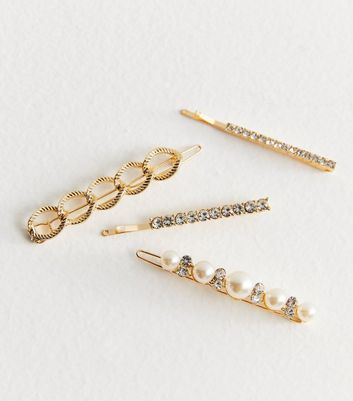 4 Pack Gold Mixed Faux Pearl and Diamante Hair Slides New Look