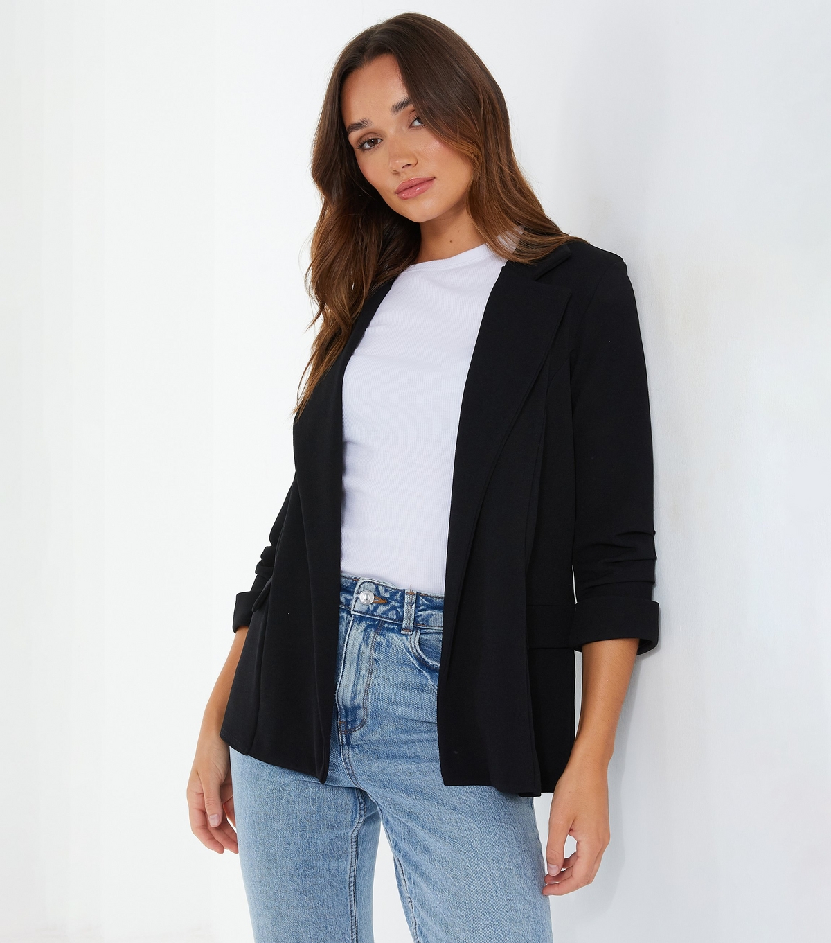 Women's Black Ruched Sleeve Blazer Quiz New Look