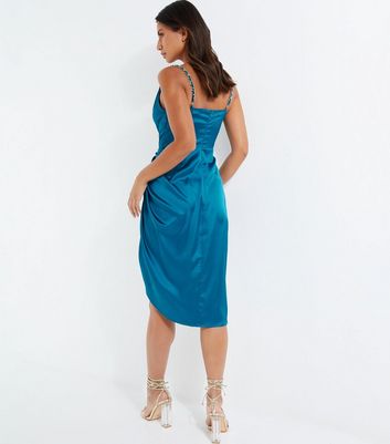 Teal strappy satin store cowl midi dress