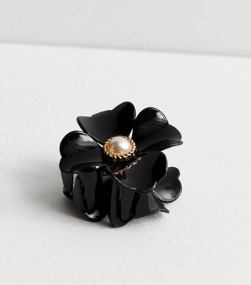 Black Faux Pearl Flower Hair Claw Clip New Look
