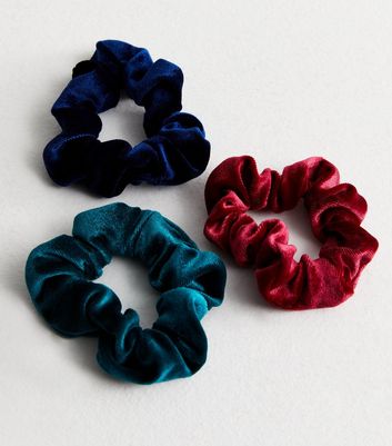 3 Pack Blue Green and Red Velvet Scrunchies New Look