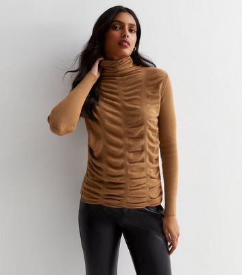 Gini London Camel Fine Knit Ruched Top New Look