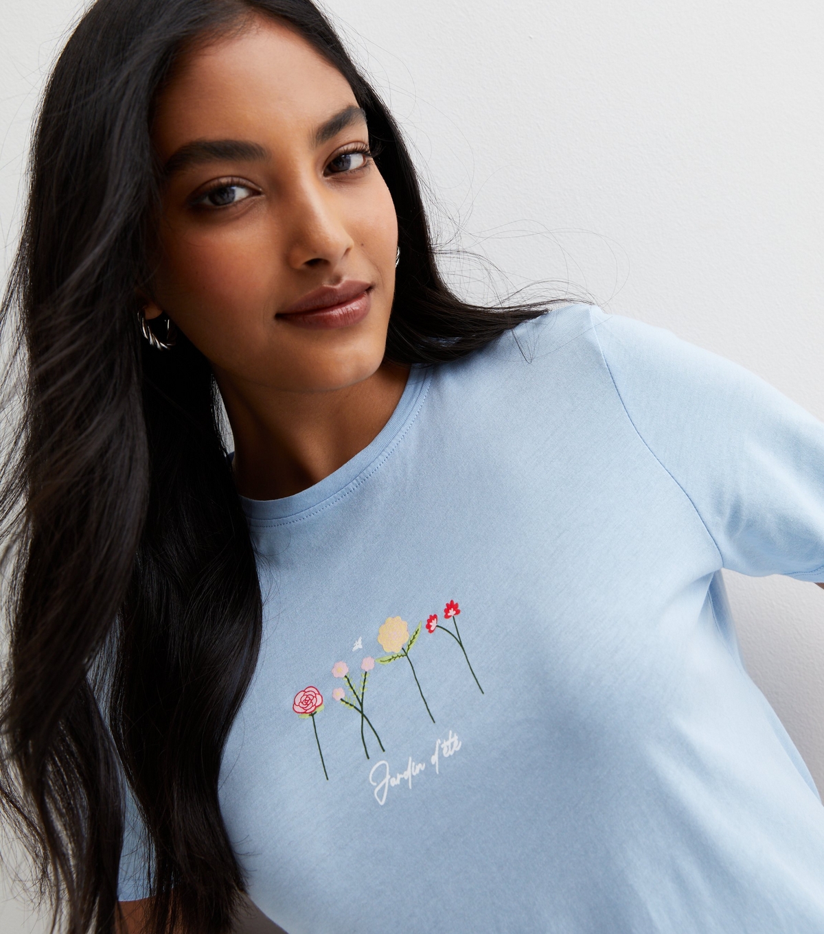 Women's Pale Blue Floral Embroidered Jardin Logo T-Shirt New Look