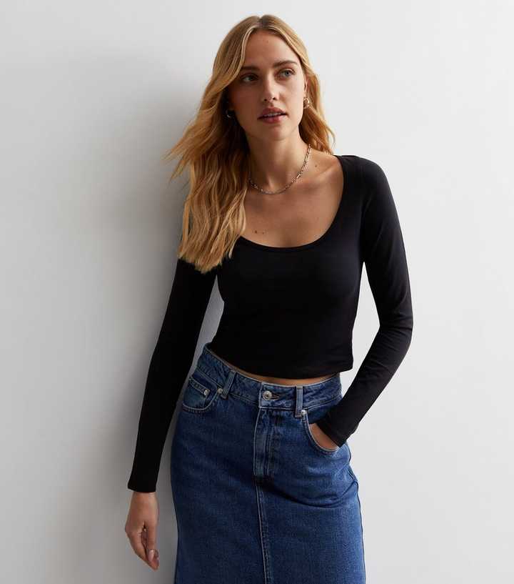 Long Sleeve Crop Top Scoop Neck 