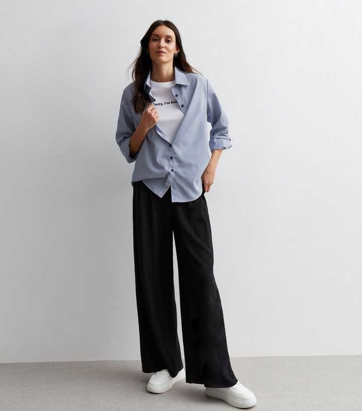 Black Textured Jersey Wide Leg Trousers