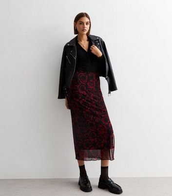 New look rose floral midi skirt in clearance black