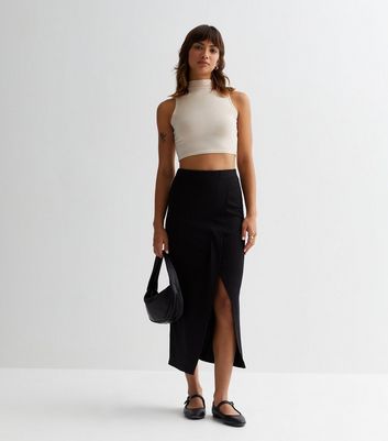 Black Ribbed Wrap Midaxi Skirt | New Look