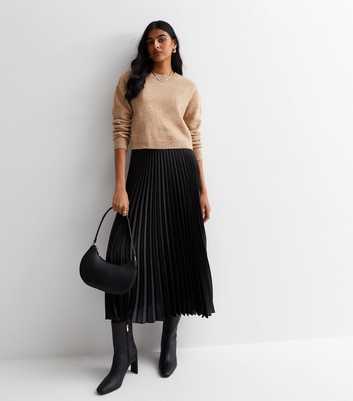 Black Satin Pleated Midi Skirt