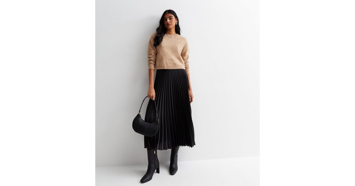 Black Satin Pleated Midi Skirt New Look