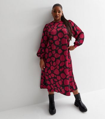 Curves Red Abstract Print Satin Puff Sleeve Midi Dress New Look