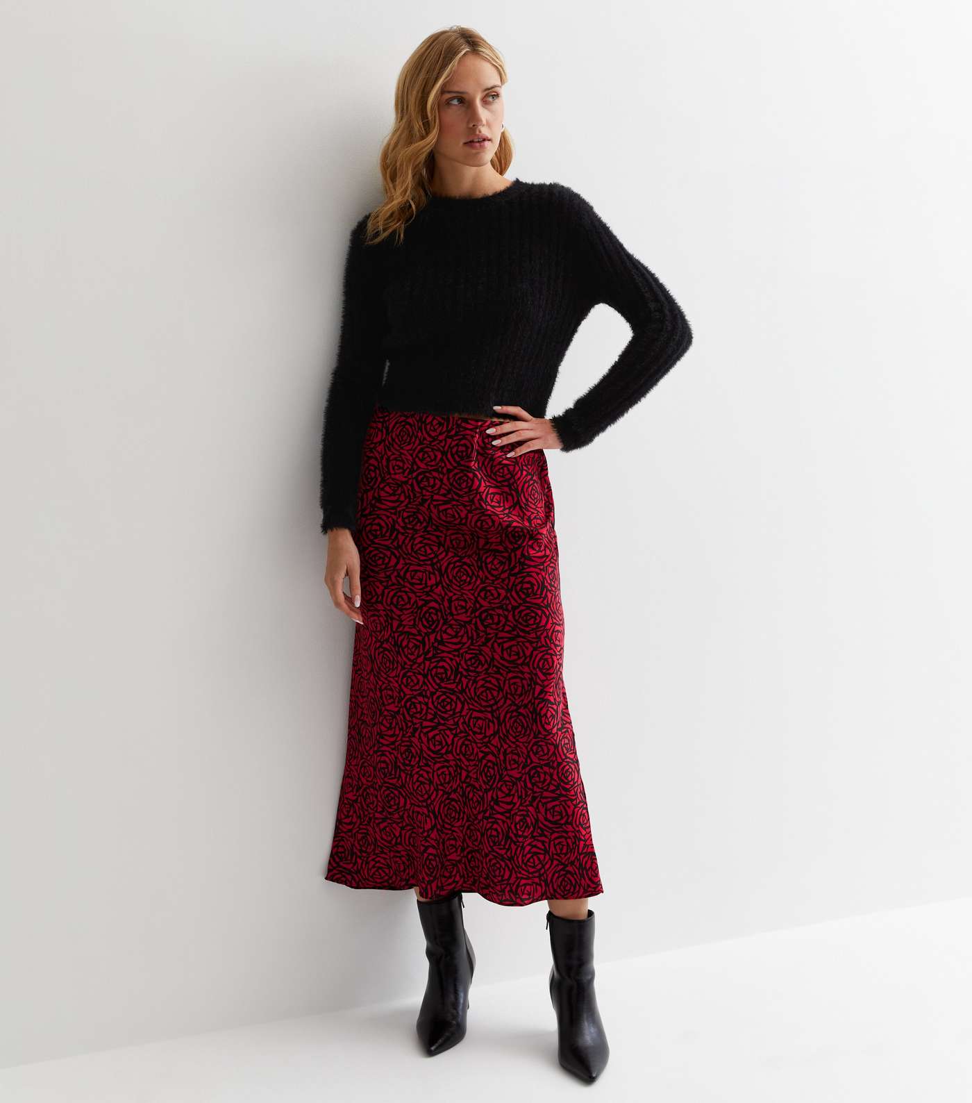 Black Abstract Rose Print Satin Bias Cut Midaxi Skirt Image 2