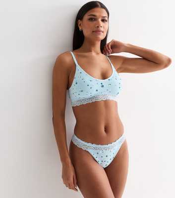 Pale Blue Floral Ribbed Seamless Thong