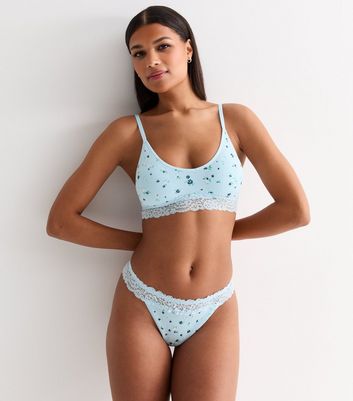 Pale Blue Floral Ribbed Seamless Bralette New Look