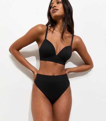 Black Ribbed Seamless High Leg Thong