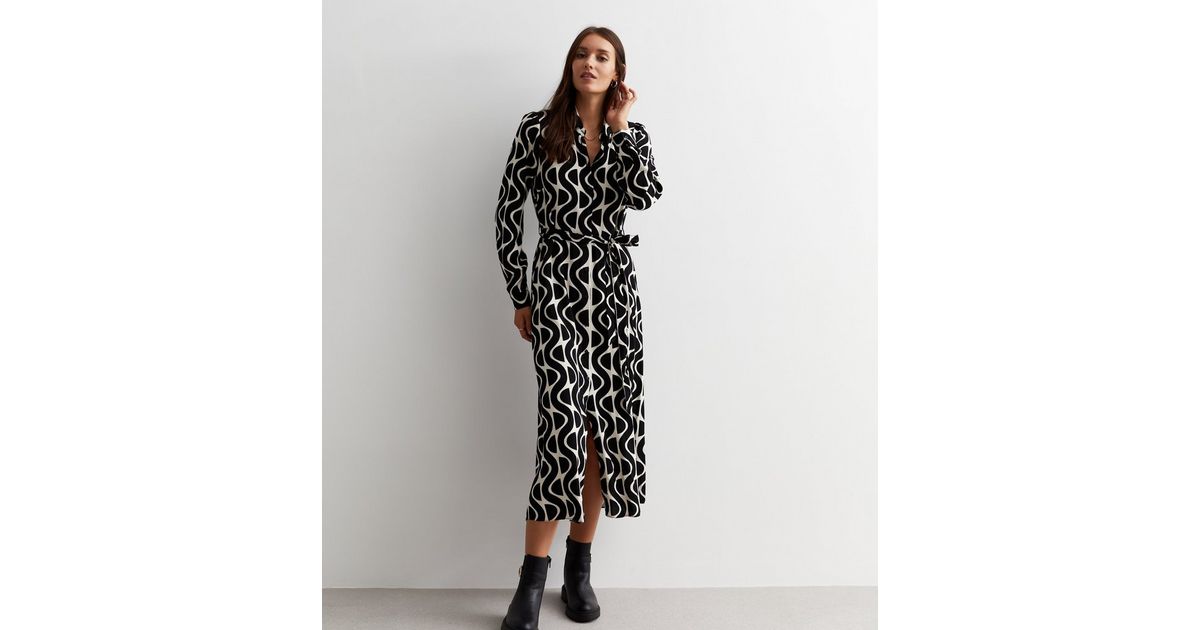 GEMMA black beige graphic print midi shirt dress