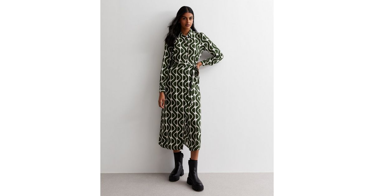 Green Geometric Print Belted Midaxi Shirt Dress | New Look