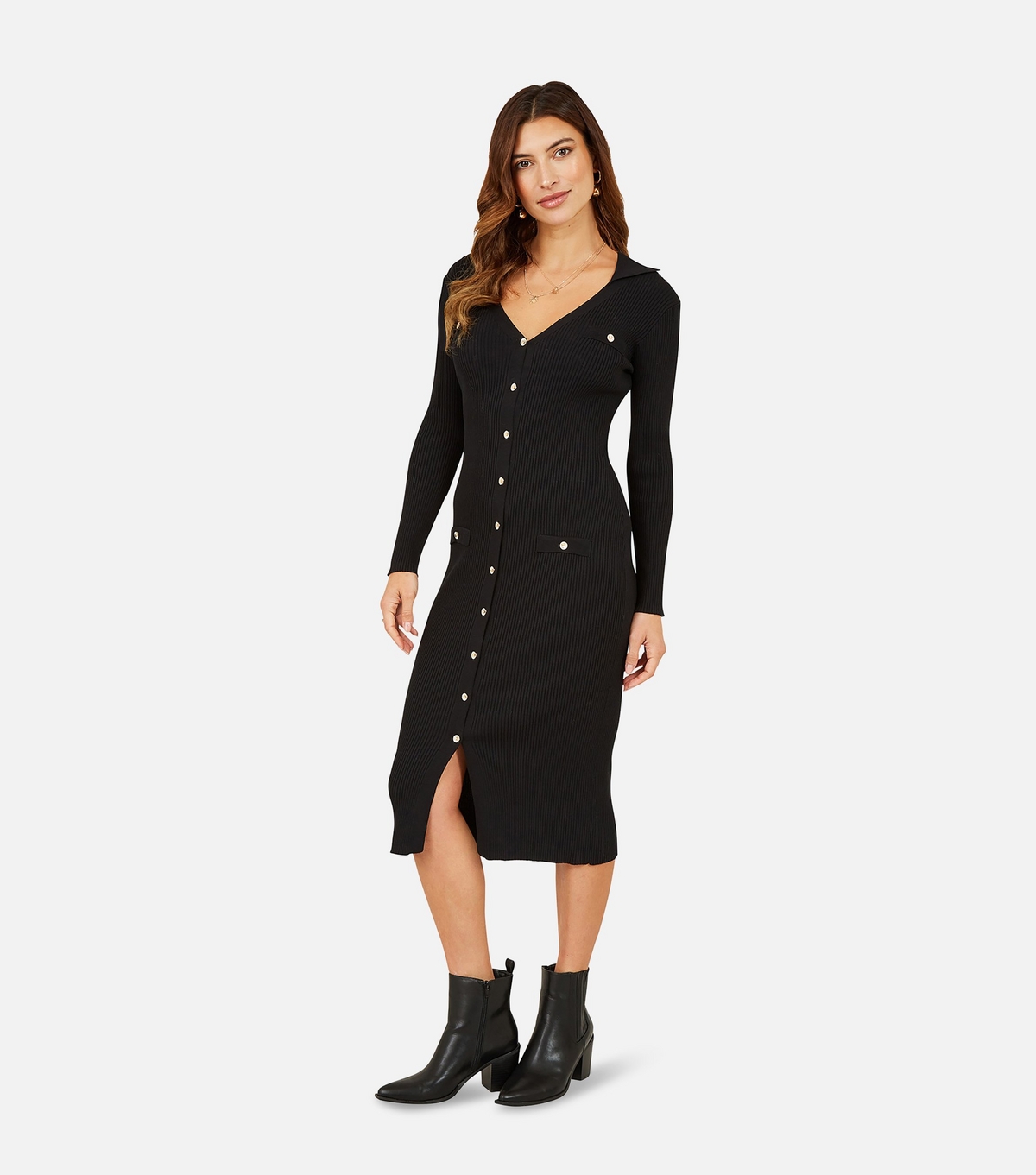 Women's Black Ribbed Long Sleeve Button Front Bodycon Midi Dress Mela New Look