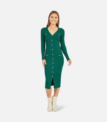 Mela Dark Green Ribbed Jersey Button Front Midi Dress