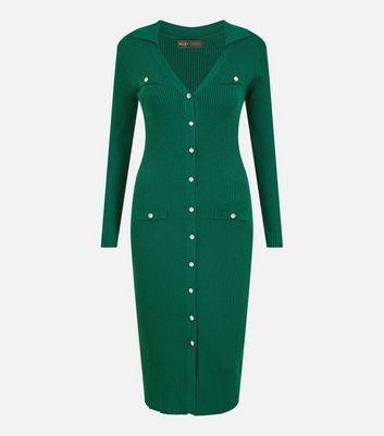 Mela Dark Green Ribbed Jersey Button Front Midi Dress New Look