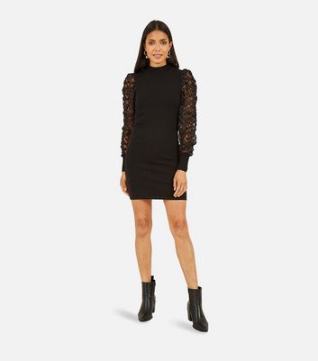 Mela Black Knit Organza Sleeve Mini Dress New Look