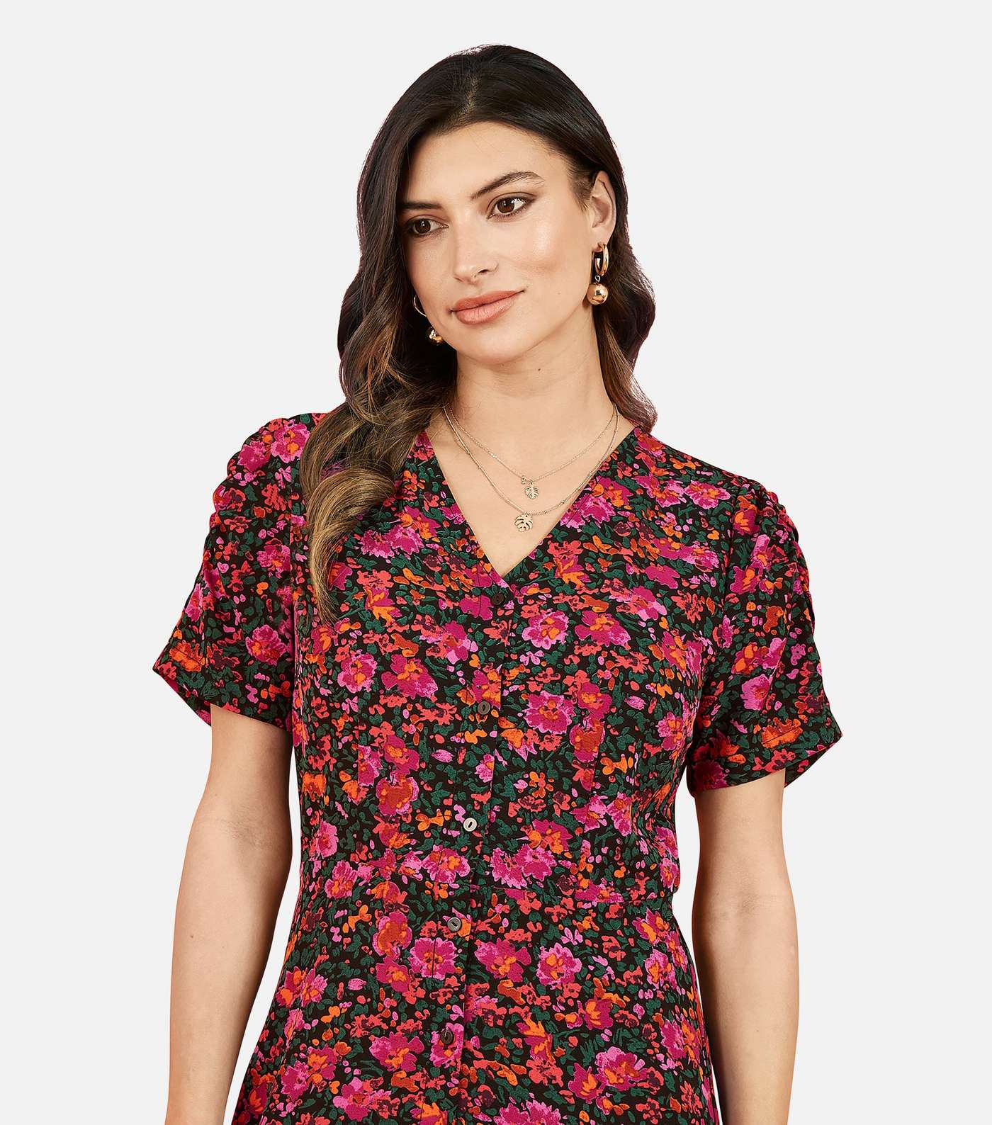 Mela Pink Ditsy Floral Button Front Midi Dress Image 2