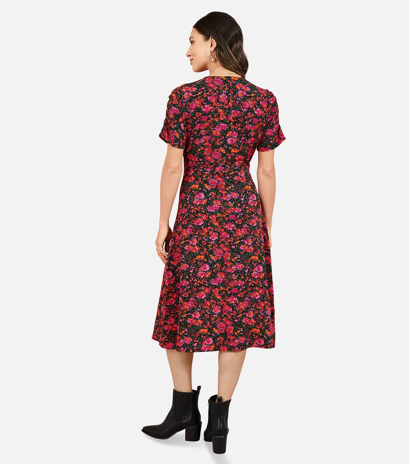 Mela Pink Ditsy Floral Button Front Midi Dress Image 4