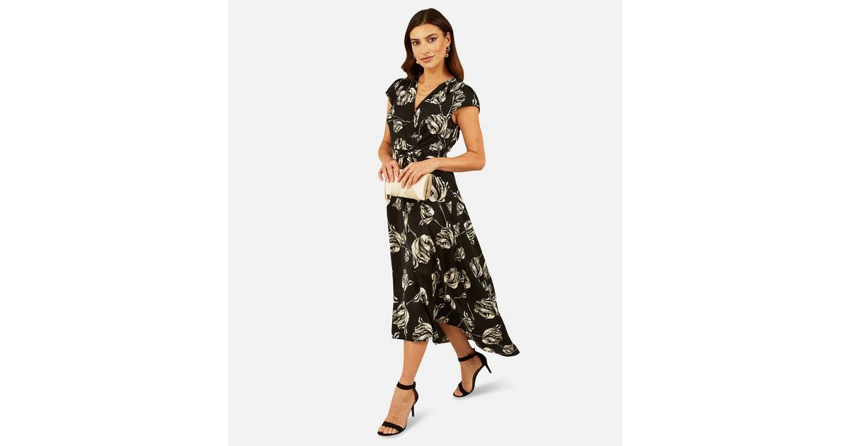 Mela Black Floral Wrap Midi Dress | New Look