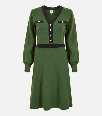 Yumi Green Knit V Neck Button Cuff Mini Dress New Look