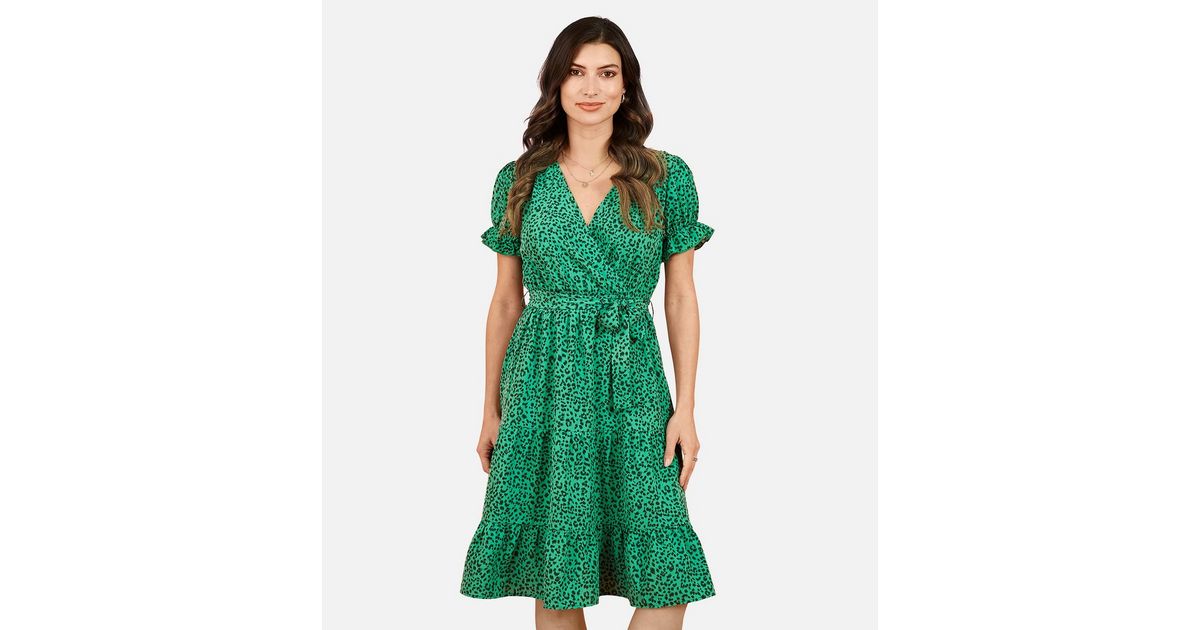 Mela Green Leopard Print Belted Tiered Midi Wrap Dress | New Look