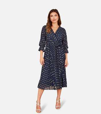 Yumi Navy Metallic Diamond Print Wrap Midi Dress