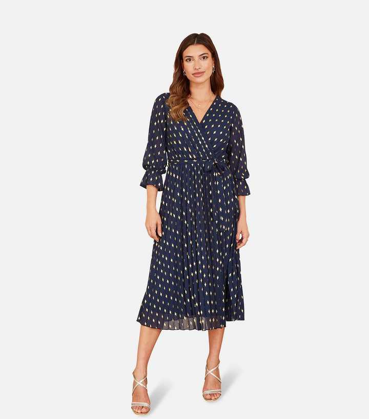 Yumi Navy Metallic Diamond Print Wrap Midi Dress