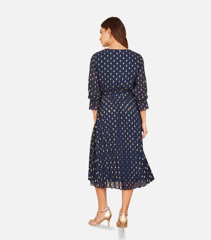 Yumi Navy Metallic Diamond Print Wrap Midi Dress New Look