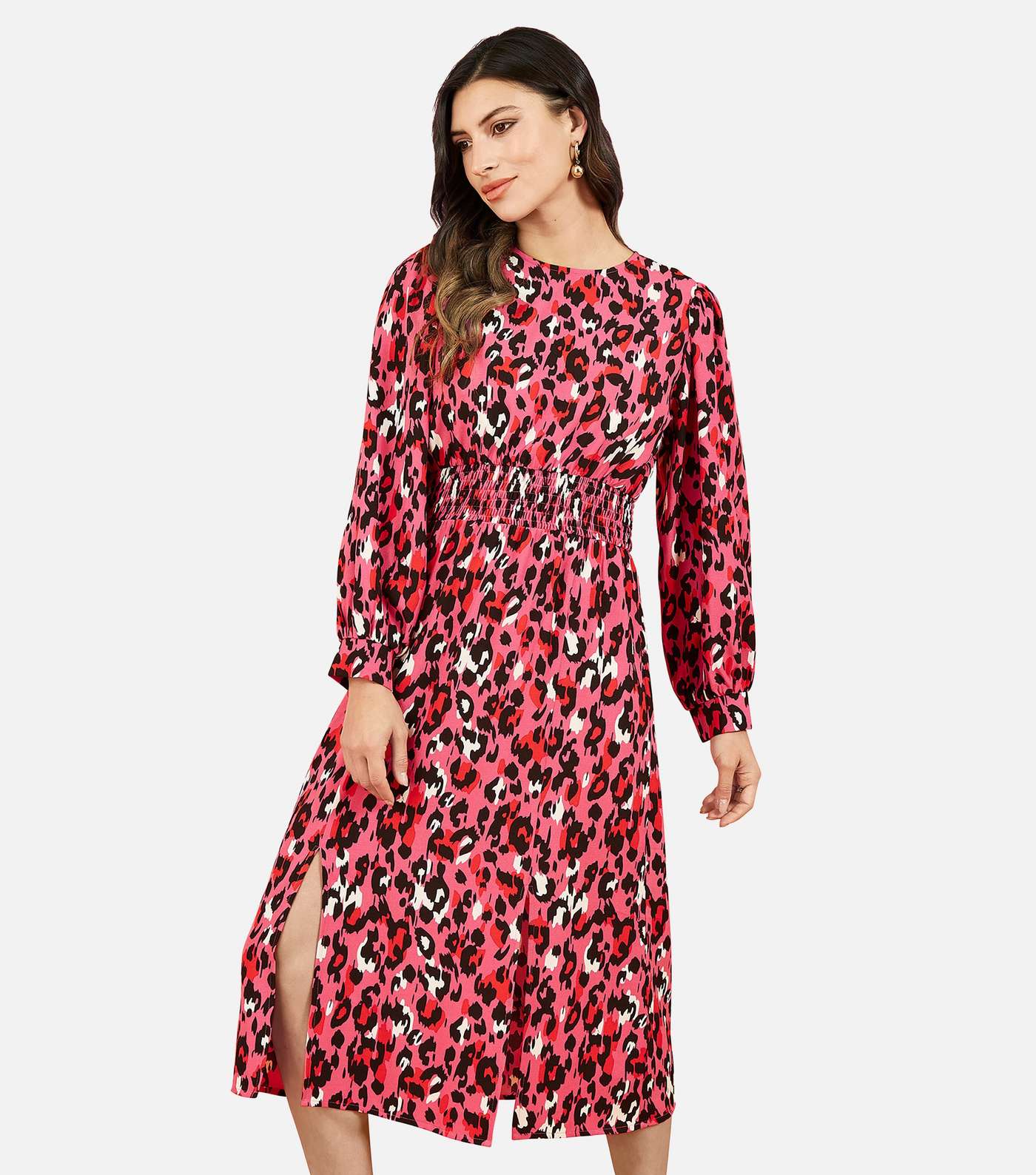 Mela Pink Animal Print Shirred Waist Midi Dress Image 3