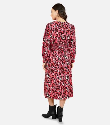 Red Animal Print Shirred Wrap Midi Dress