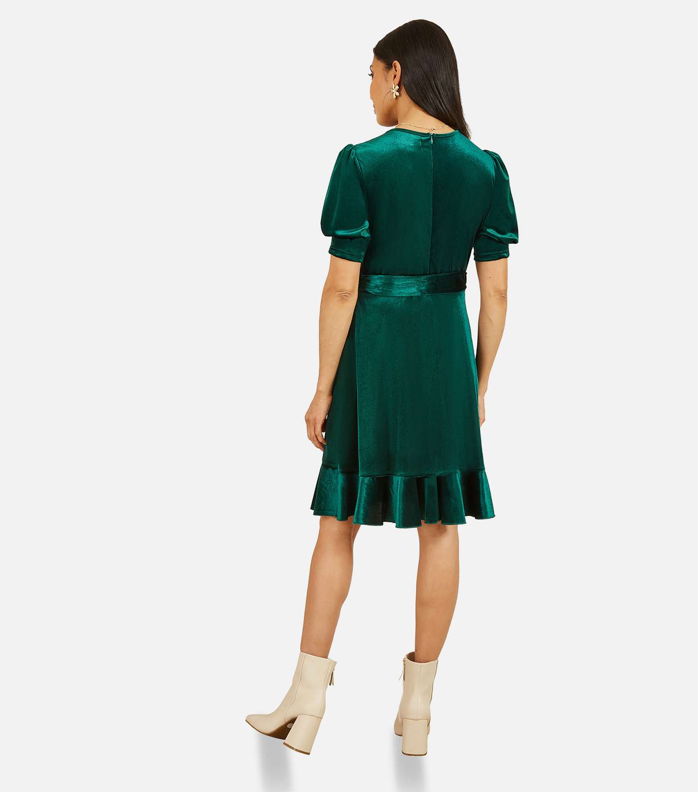 Mela Dark Green Velvet Belted Mini Skater Dress Image 3