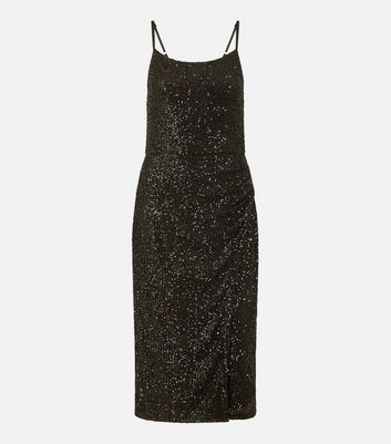 Mela Black Sequin Wrap Midi Dress New Look