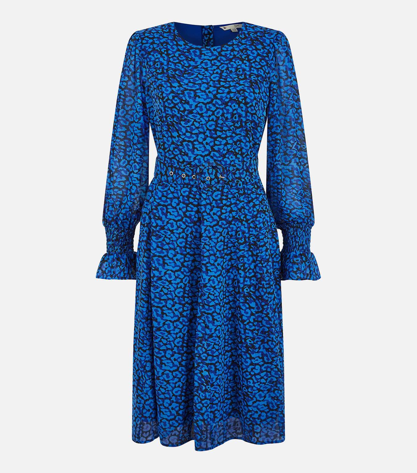 Yumi Blue Leopard Print Belted Midi Skater Dress Image 5