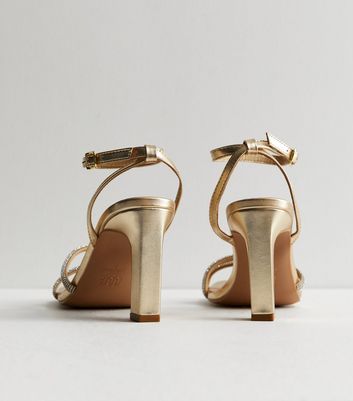 Gold Diamante Embellished Strappy Block Heel Sandals New Look