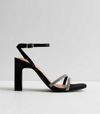 Black Diamanté Embellished Strappy Block Heel Sandals