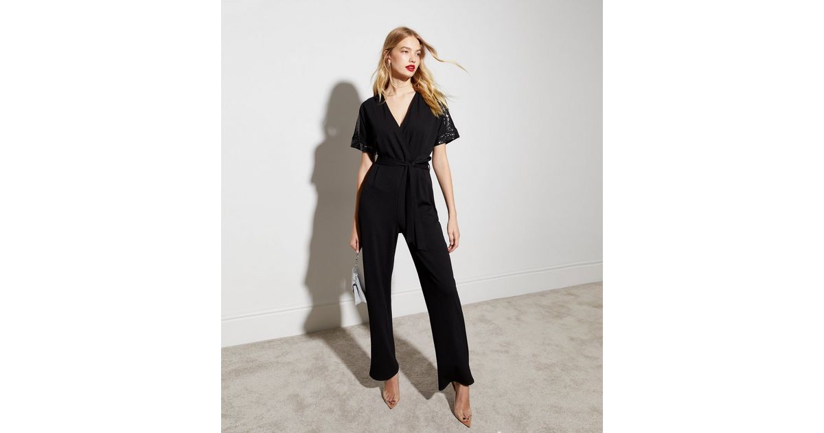 Sleeve Jumpsuit New Look Wrap Jumpsuit In Silver Glitter Black