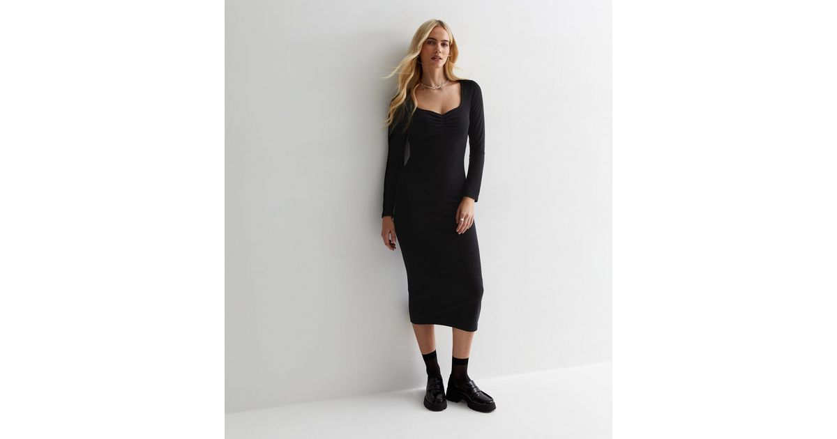 Black Ribbed Ruched Front Midaxi Dress New Look