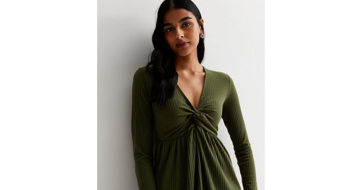 Khaki Ribbed Jersey Long Sleeve Knot Mini Dress | New Look