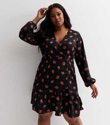 Curves Black Rose Print V Neck Mini Dress