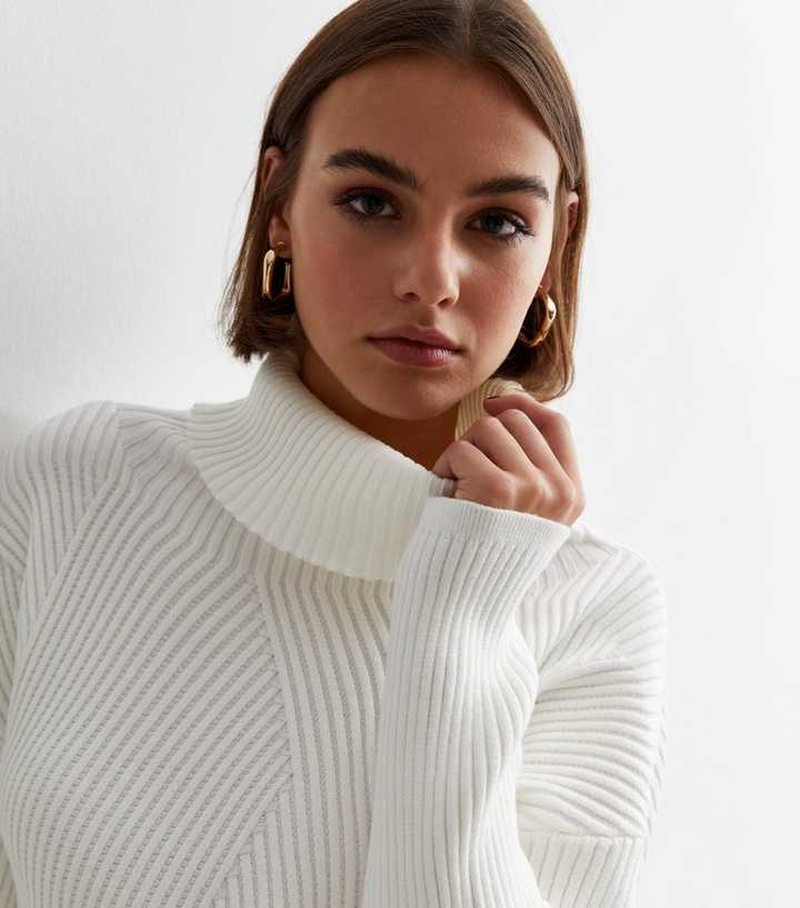Cream Roll Neck Rib Knitted Sweater Dress