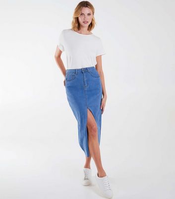 Blue Vanilla Bright Blue Denim Midi Skirt New Look