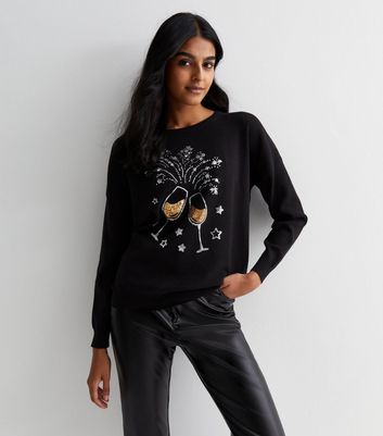 Blue Vanilla Black Sequin Knit Glasses Jumper | New Look